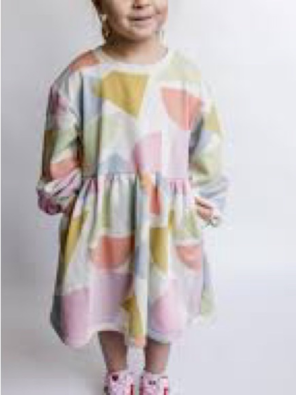 Kids Pastel Geometric Long Sleeve Dress - Multicolor